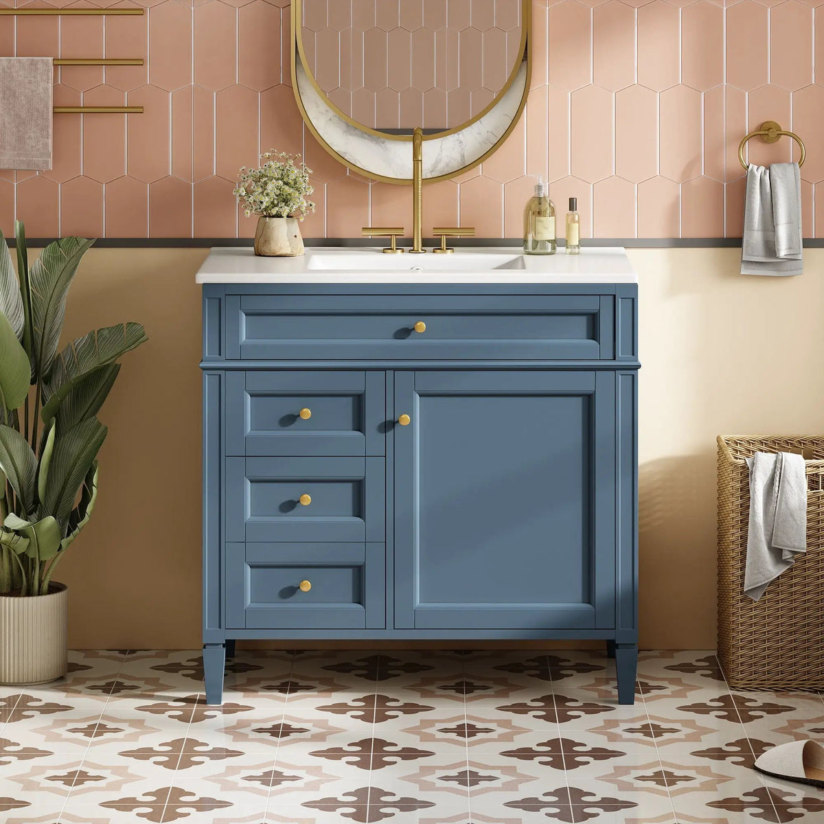 36 Inch Bathroom Vanity With Top Sink | 3 Drawers | Metal Drawer Slides | Ceramic Sink