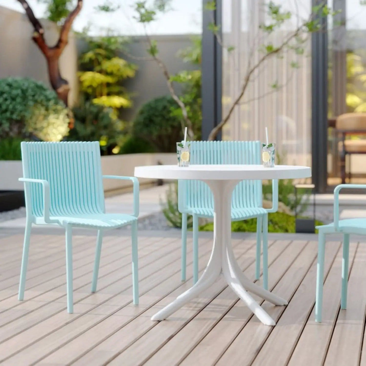 4 Modern Stackable Plastic Armchair Matched With Round Table 5 Piece Outdoor Set | 5 Piece Outdoor Set | Outdoor Living Furniture | Outdoor Living
