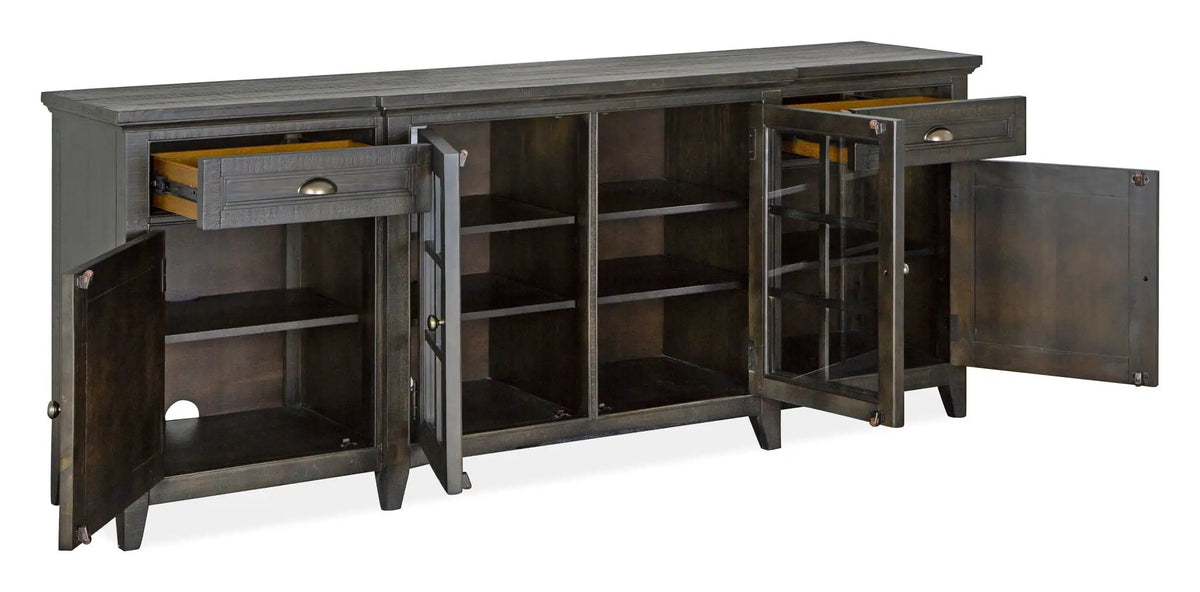 Westley Falls Entertainment Console | Wood Framed Glass Doors | Felt Lined Top Drawers | 70 Inch Width