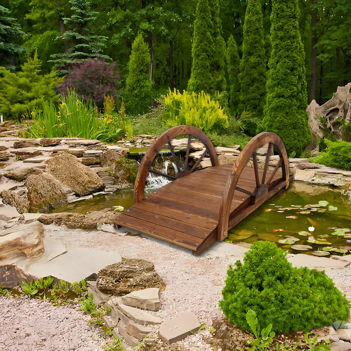 Wooden Garden Bridge | Arched Footbridge | Solid Wood Frame | Brown