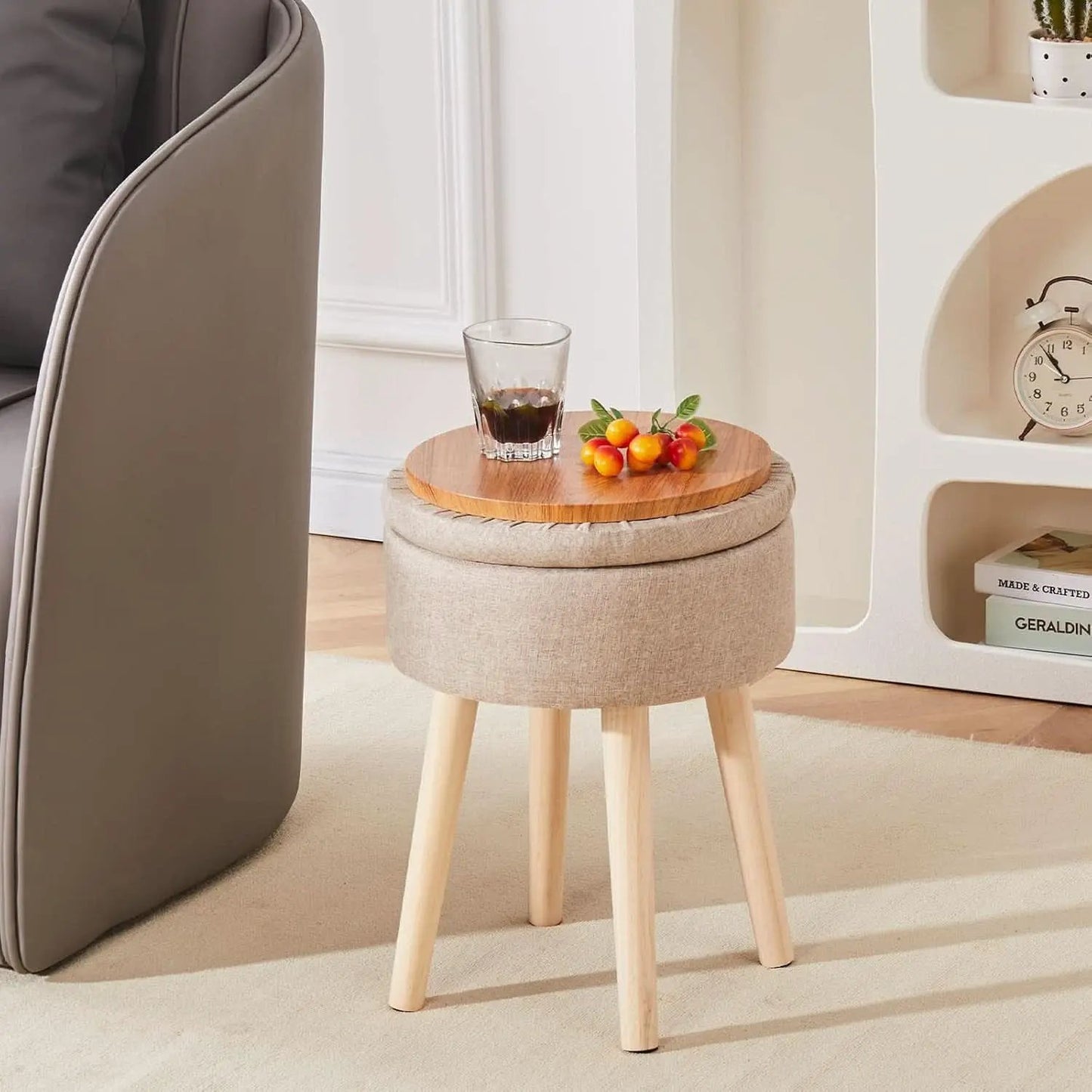 Khaki Linen Storage Velvet Upholstered Ottoman With Tray from PriceLows™