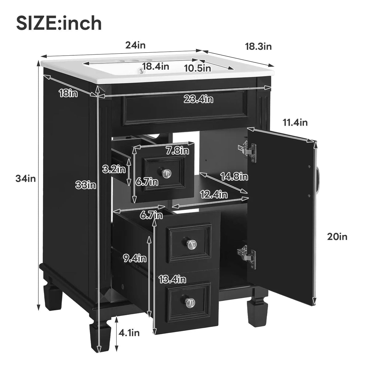 24 Inch Compact Bathroom Vanity | 2 Deep Drawers | Adjustable Shelf | Retro Button Handles