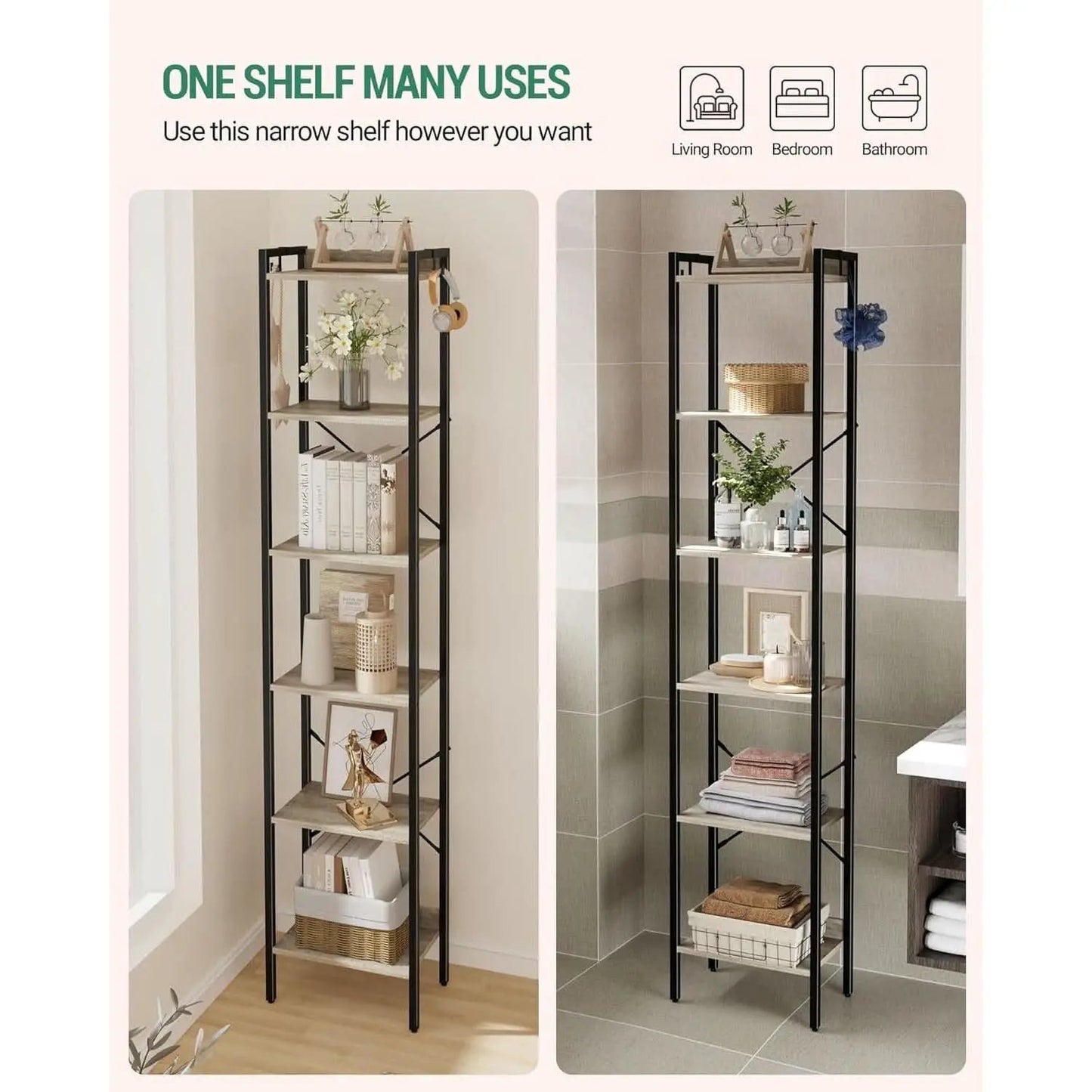 Greige Six Tier Narrow Bookshelf With Two Hooks Industrial from PriceLows™
