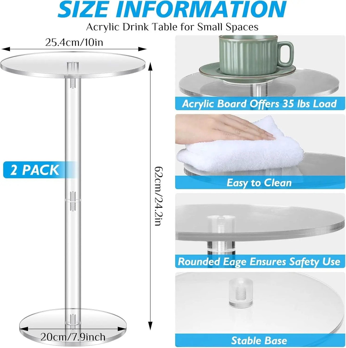 Two Piece Acrylic Side Tables Clear 10x10x24.2Inches from PriceLows™