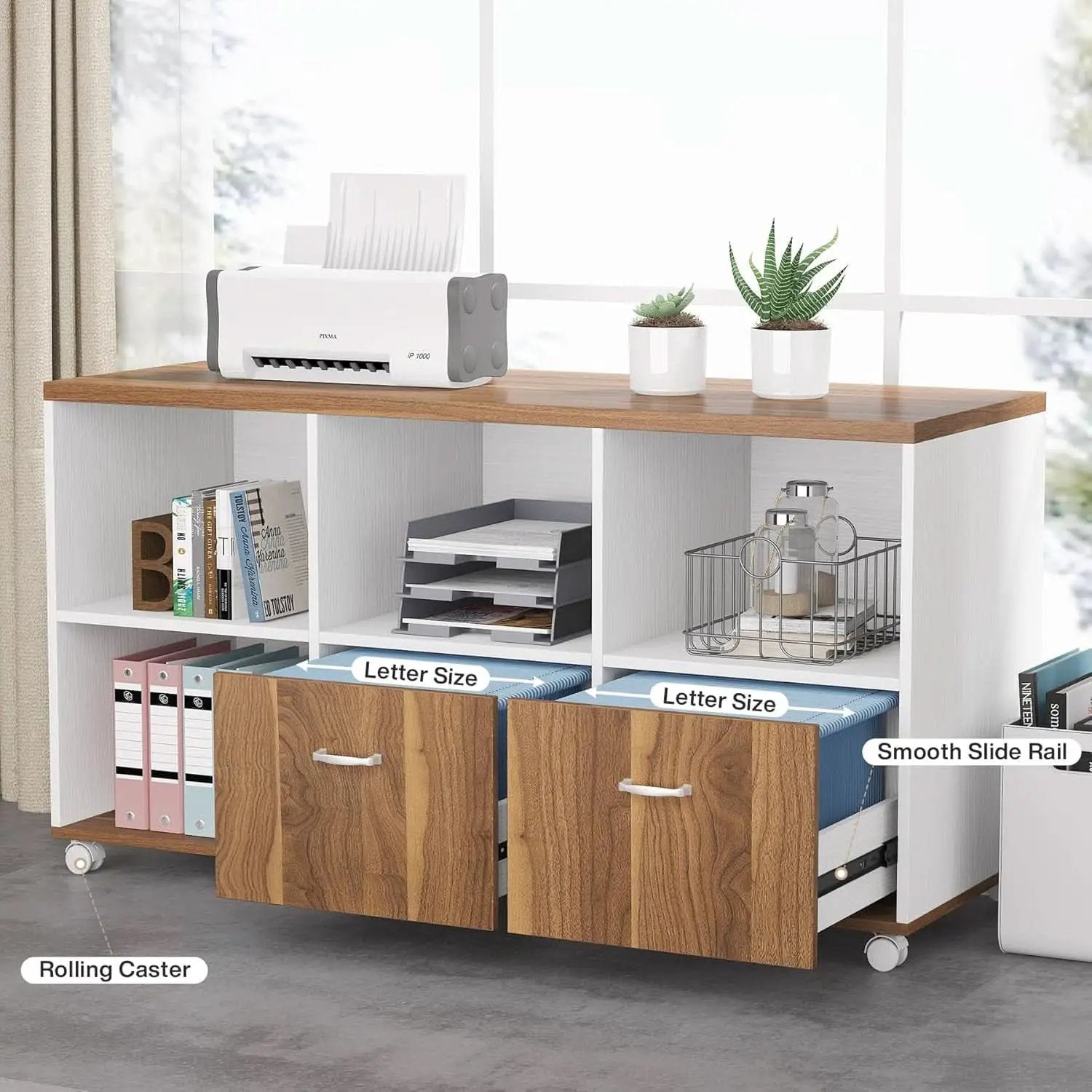 63 Inch L Desk With File Cabinet Walnut White Finish from PriceLows™