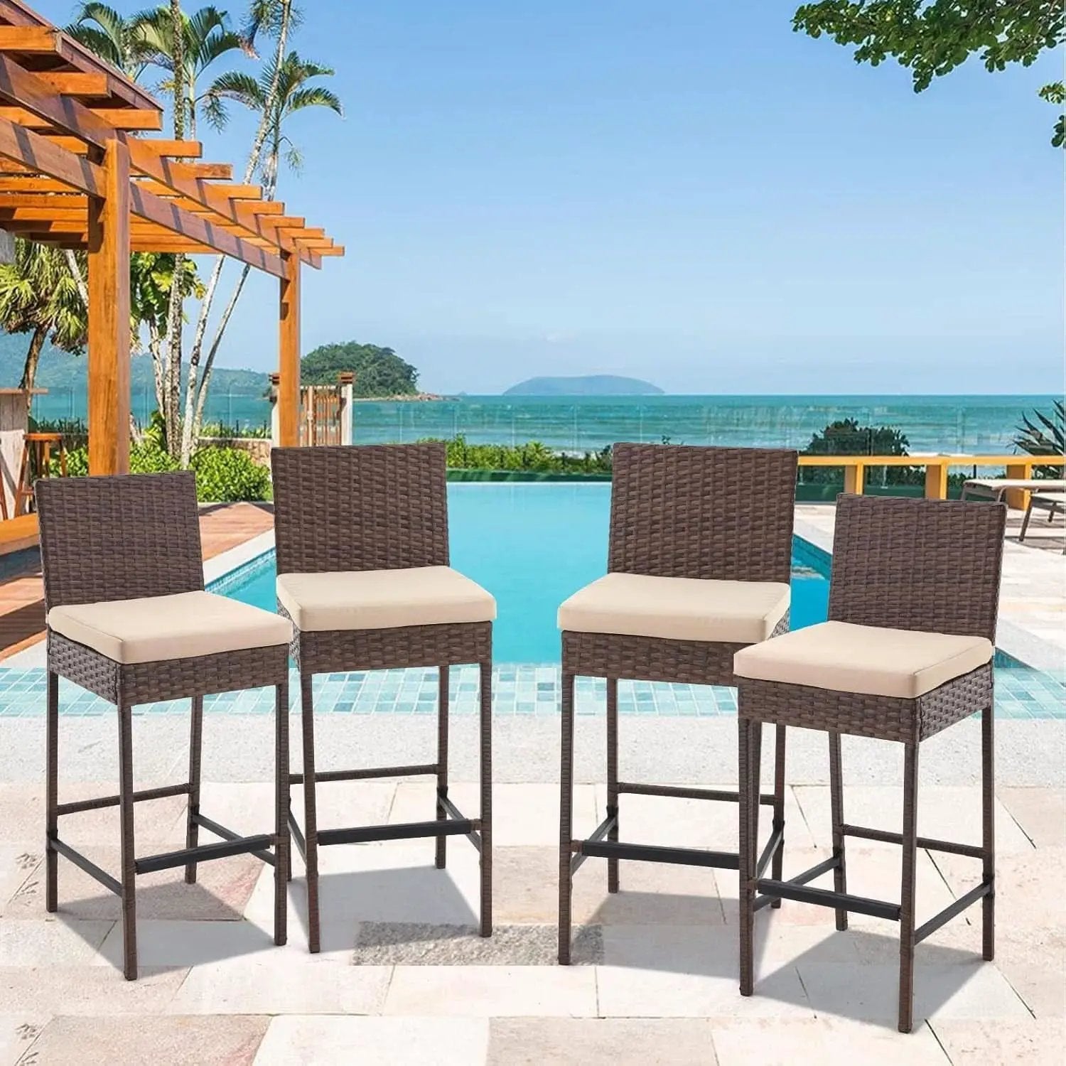 Outdoor Rattan Bar Stools Set with Cushions Comfort from PriceLows™