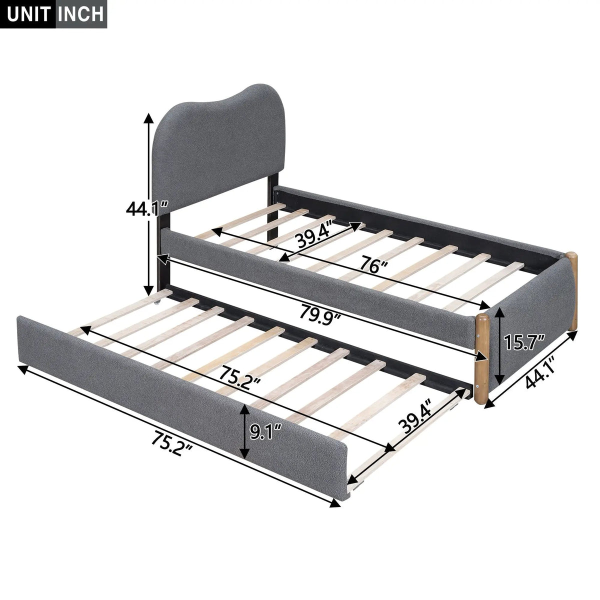 Upholstered Platform Bed | Trundle | Arc-Shaped Berber Fleece Headboard | Wood Supporting Feet
