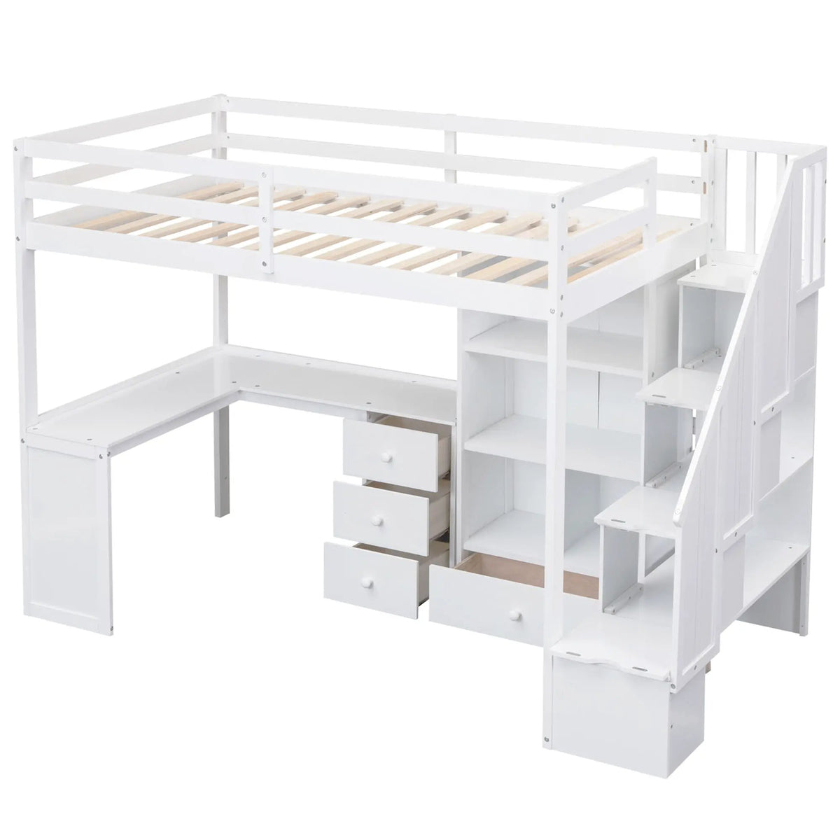Loft Bed | L Shaped Desk | Storage Staircase | Built In Drawers
