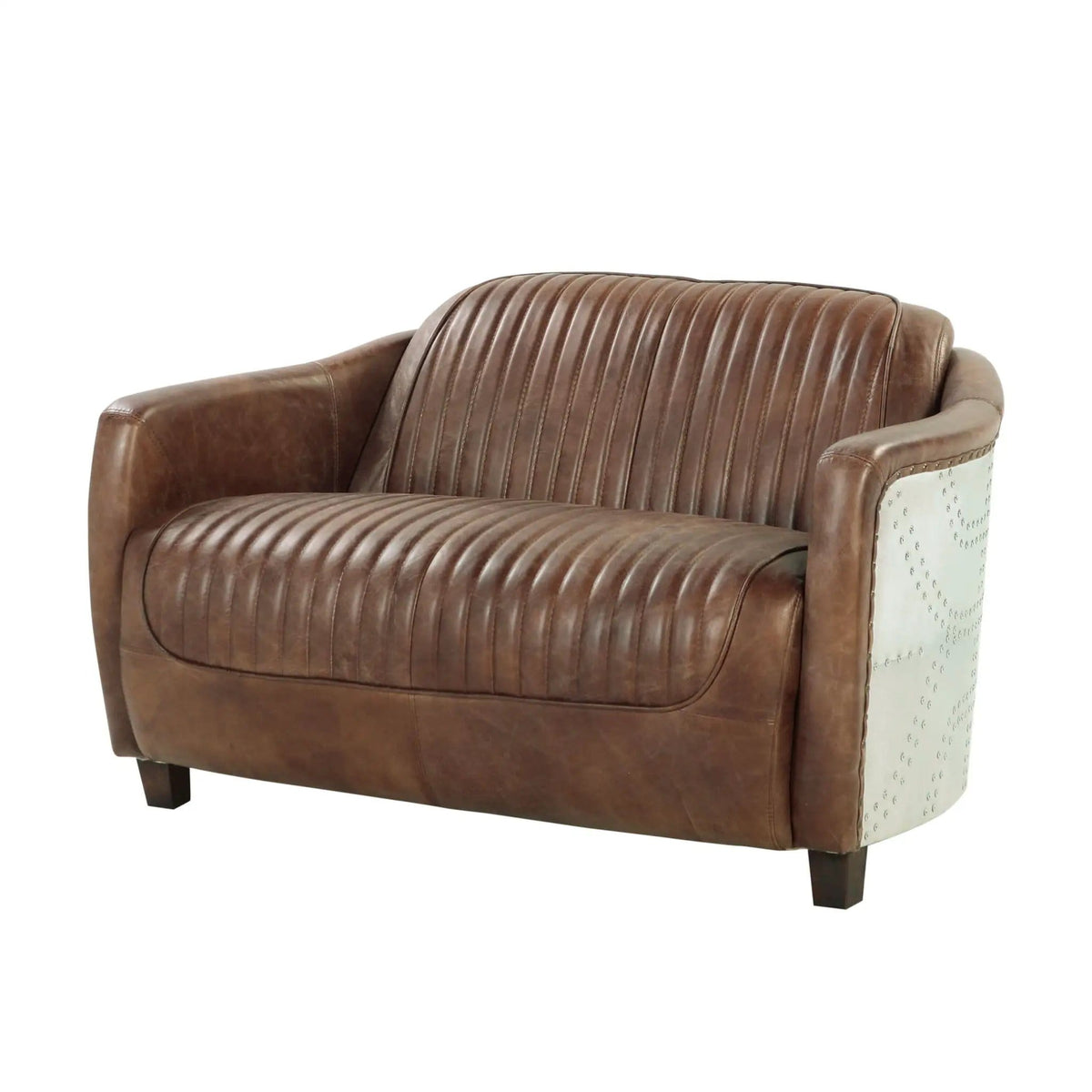 Brancaster Grain Leather Loveseat | 37 x 50 x 31 in | Leather & Aluminum | Brown