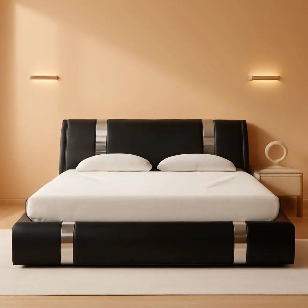 Black King Faux Leather Platform Bed Adjustable Headboard from PriceLows™