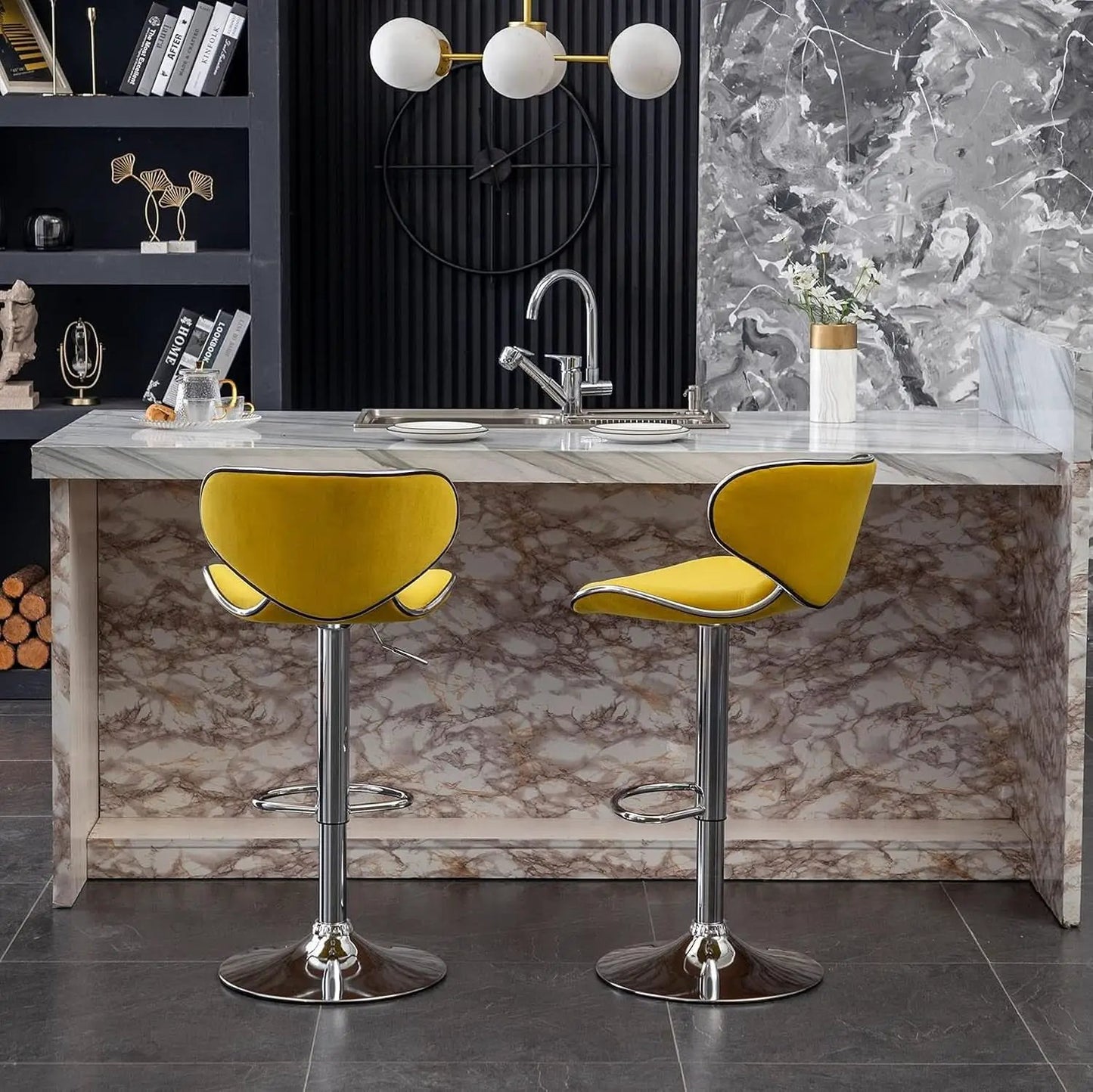 Masaccio Velvet Adjustable Swivel Bar Stool Set Of 2 Yellow from PriceLows™