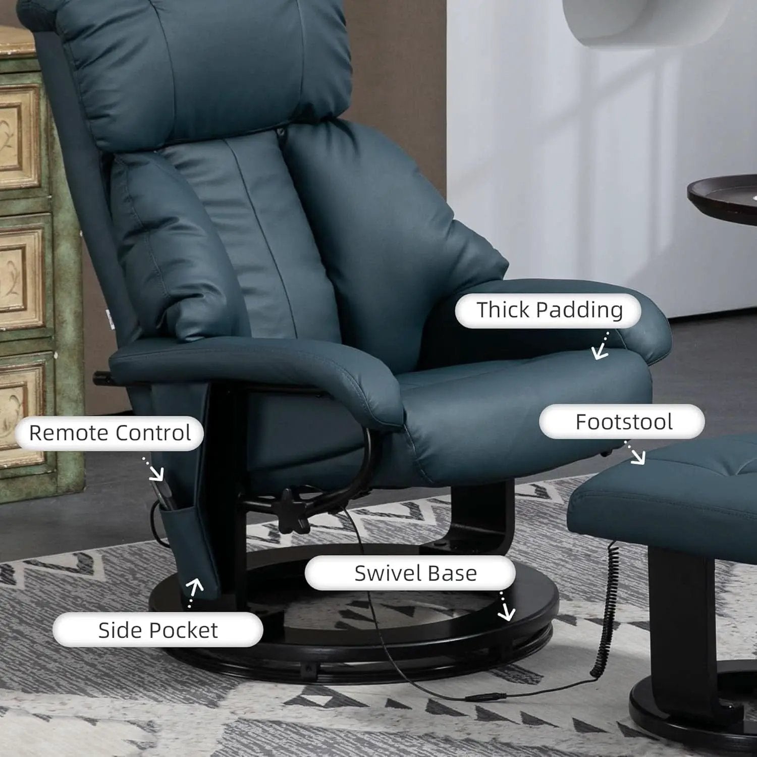 Blue Massage Recliner Chair With 360 Swivel Ottoman from PriceLows™