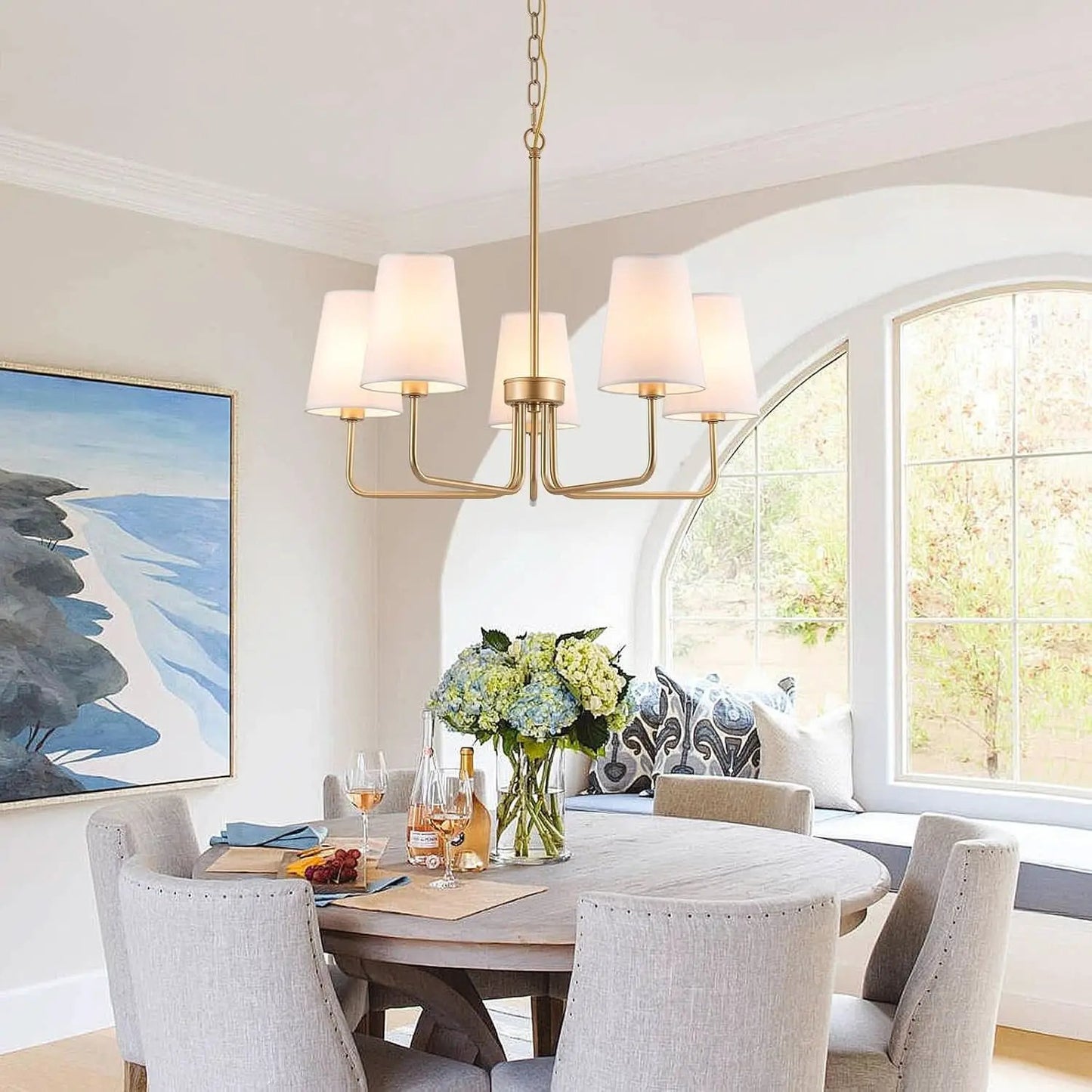 Five Light Gilded Farmhouse Chandelier With White Shades from PriceLows™