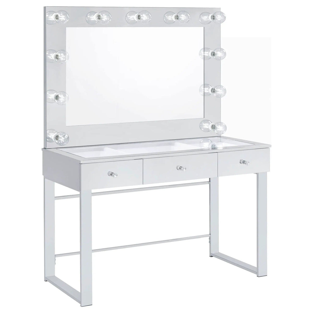 Umbridge 3-drawer Vanity Set with Lighting Chrome and | 46.25 x 19.5 x 62 in | Tempered Glass & Metal | White