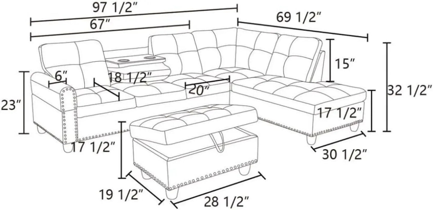Grey White Flannel L Shaped Sectional Sofa With Ottoman from PriceLows™