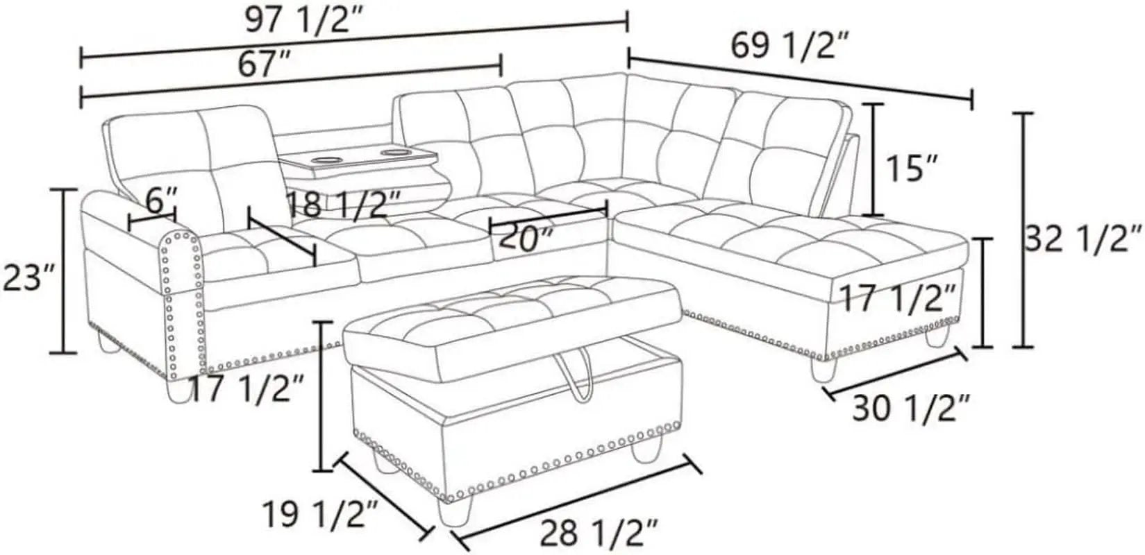 Grey White Flannel L Shaped Sectional Sofa With Ottoman from PriceLows™