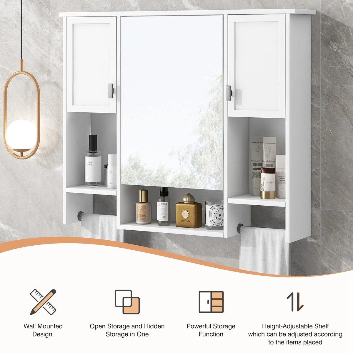 Wall Mounted Bathroom Cabinet With Mirror | Towel Bar | Closed Cabinets And Open Shelves | 35 Inch Width