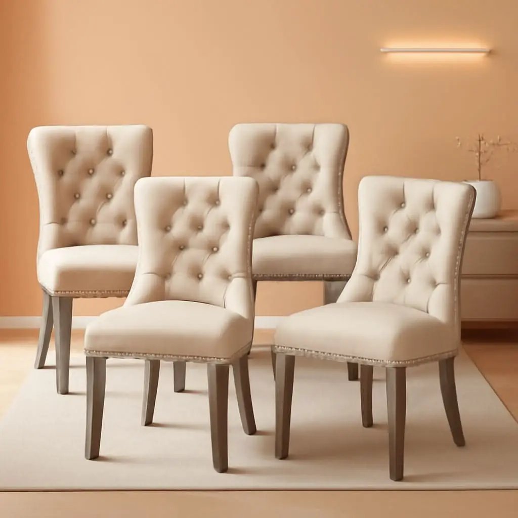 Velvet Dining Chairs Set Of 4 Beige With Ring Pull Trim from PriceLows™