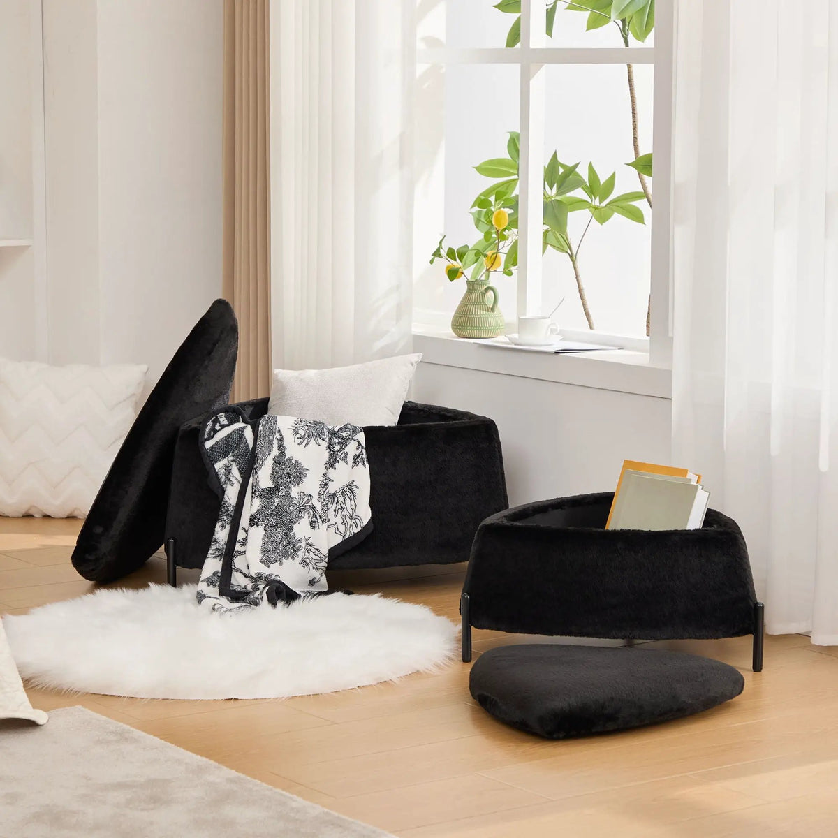 Storage Ottoman Set | Upholstered Faux Fur | Reversible Lid | Solid Wood Frame