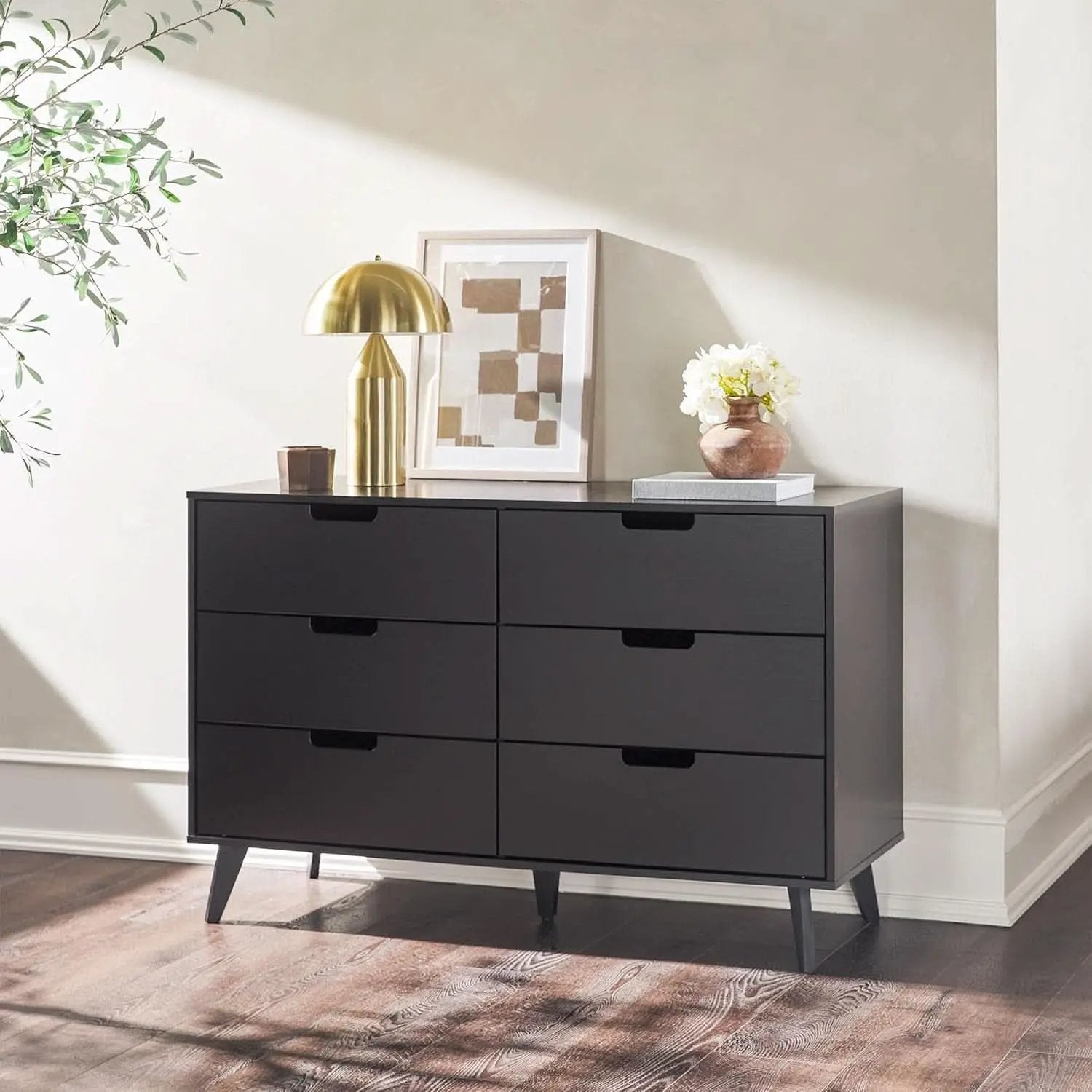 Modern Six Drawer Dresser Black 52 Inch Bedroom Storage from PriceLows™