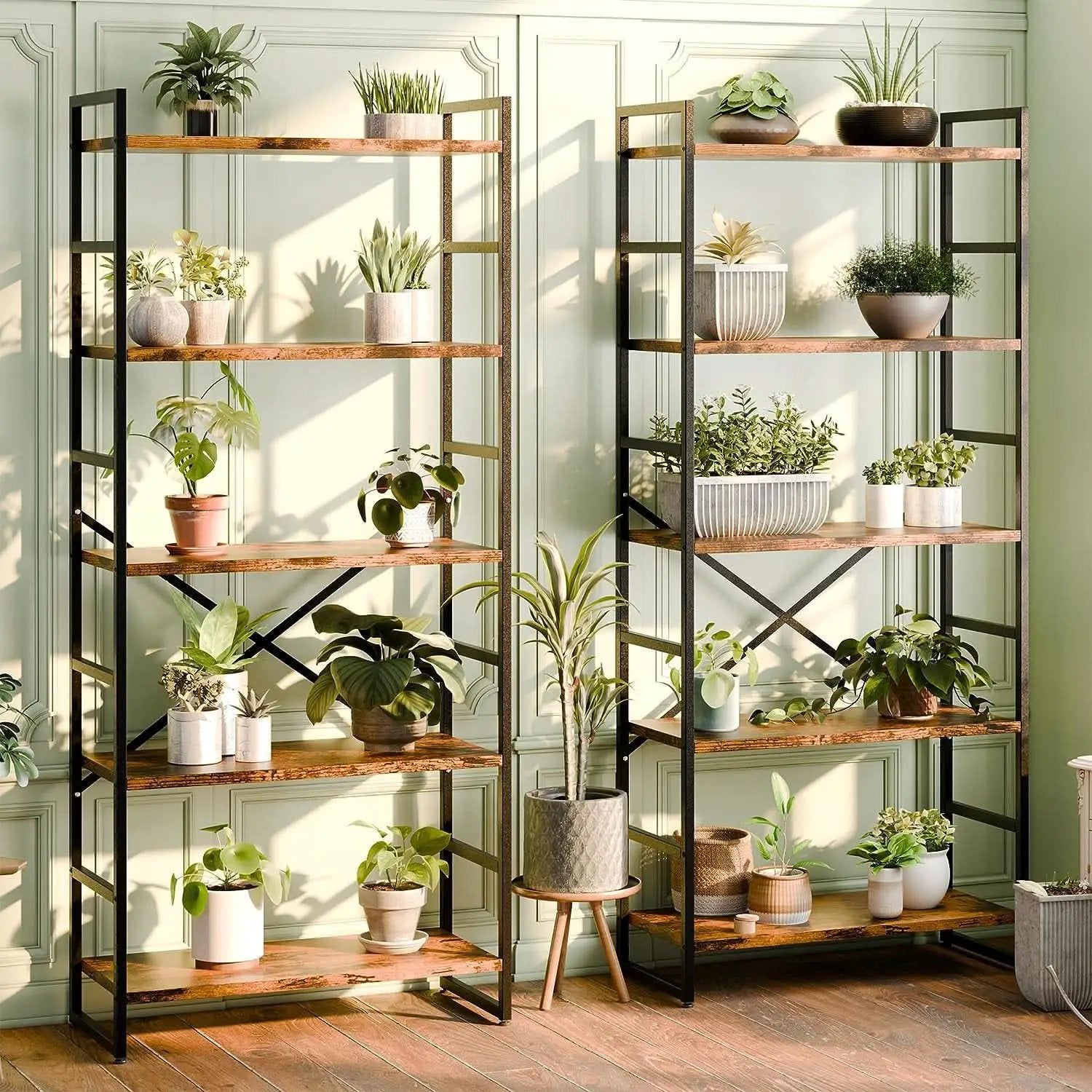 Pair Of 5 Shelf Bookcases Rustic Brown Industrial Tall from PriceLows™
