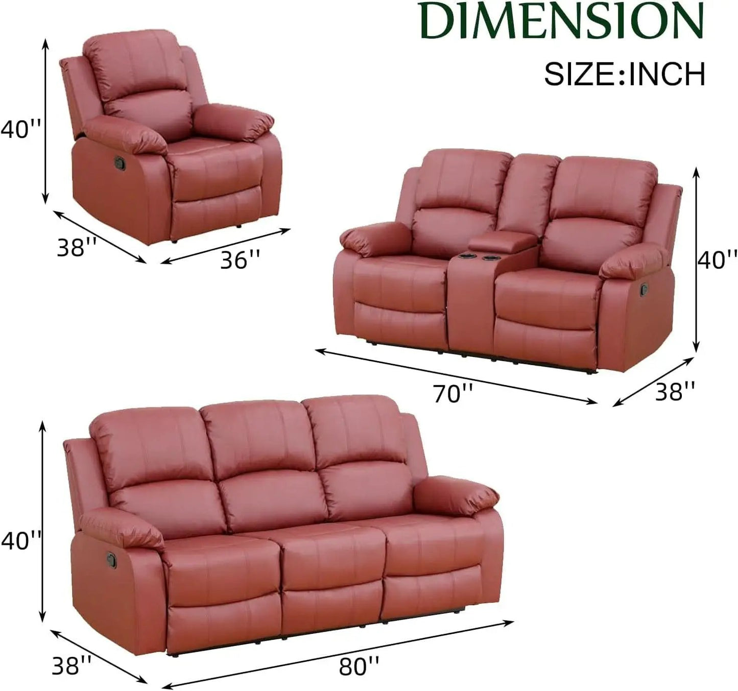 Leather Recliner Sofa Set Red Three Piece Living Room Furniture from PriceLows™