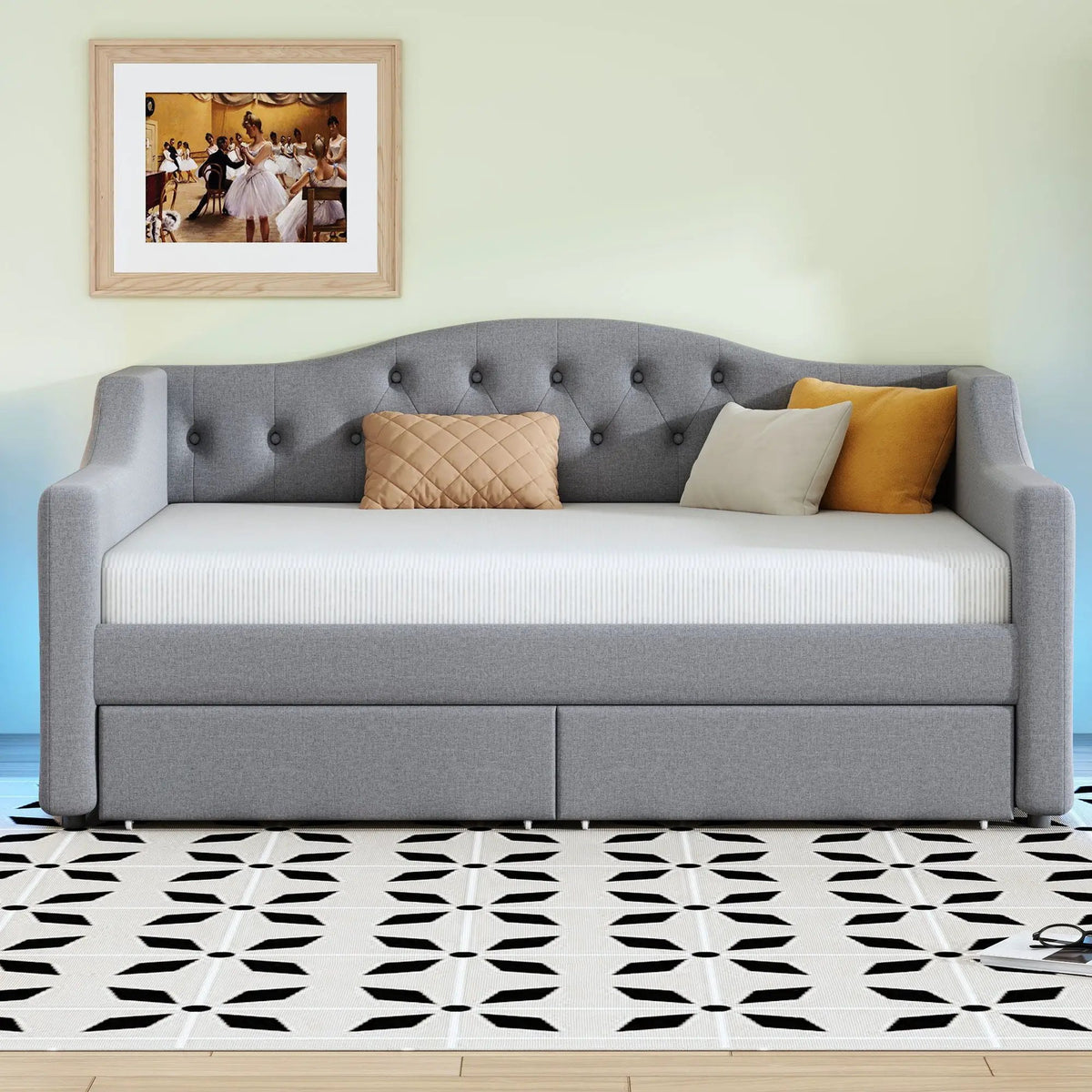 Daybed With LED Lights | Upholstered Trundle Daybed | Thickly Padded Sponge | 84 Inch Length