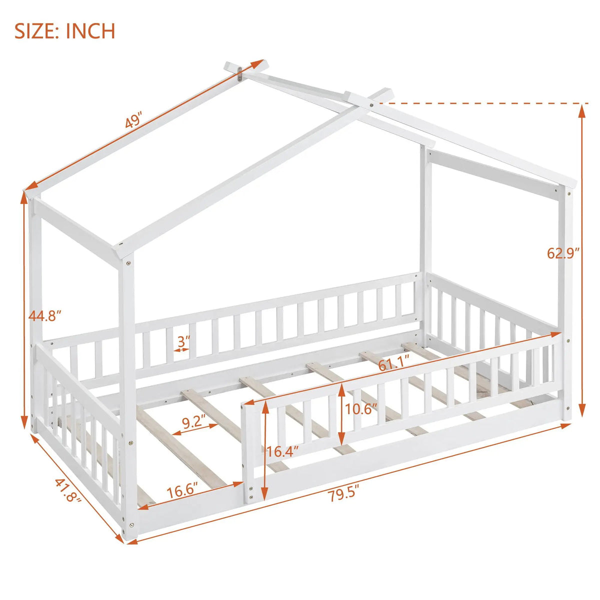 Kids Bed Frame | Playhouse Design | Roof And Fence | Toddler Size