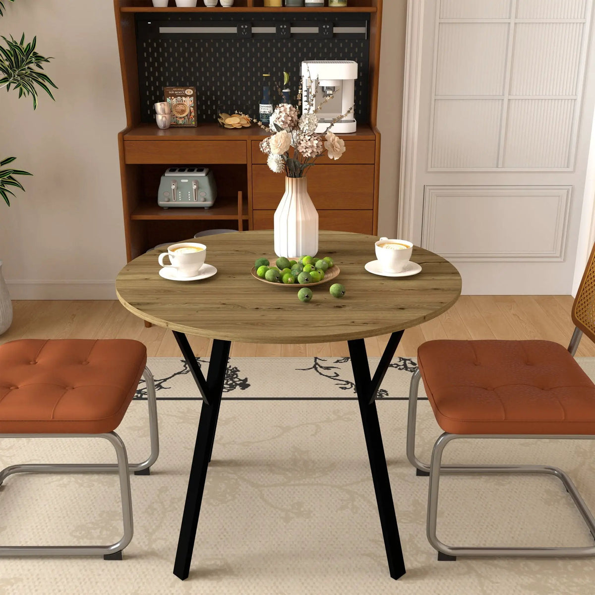 Round Dining Table | Rustic Brown MDF Top | Black Steel Legs | Seats 2-4