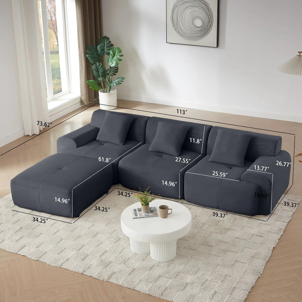L Shaped Modular Sectional Sofa And Movable Ottoman 2 Piece Living Room Set | 113 x 73.6 x 26.8 in | Fabric | Living Room