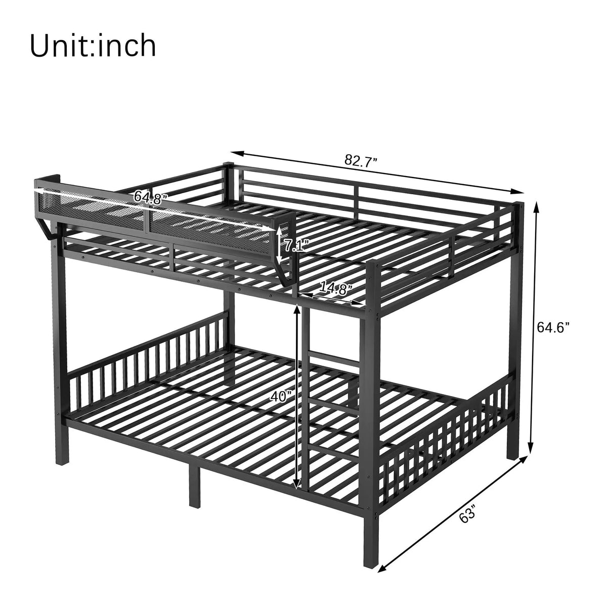Queen Over Queen Bunk Bed | Durable Steel Frame | Storage Shelf | Black