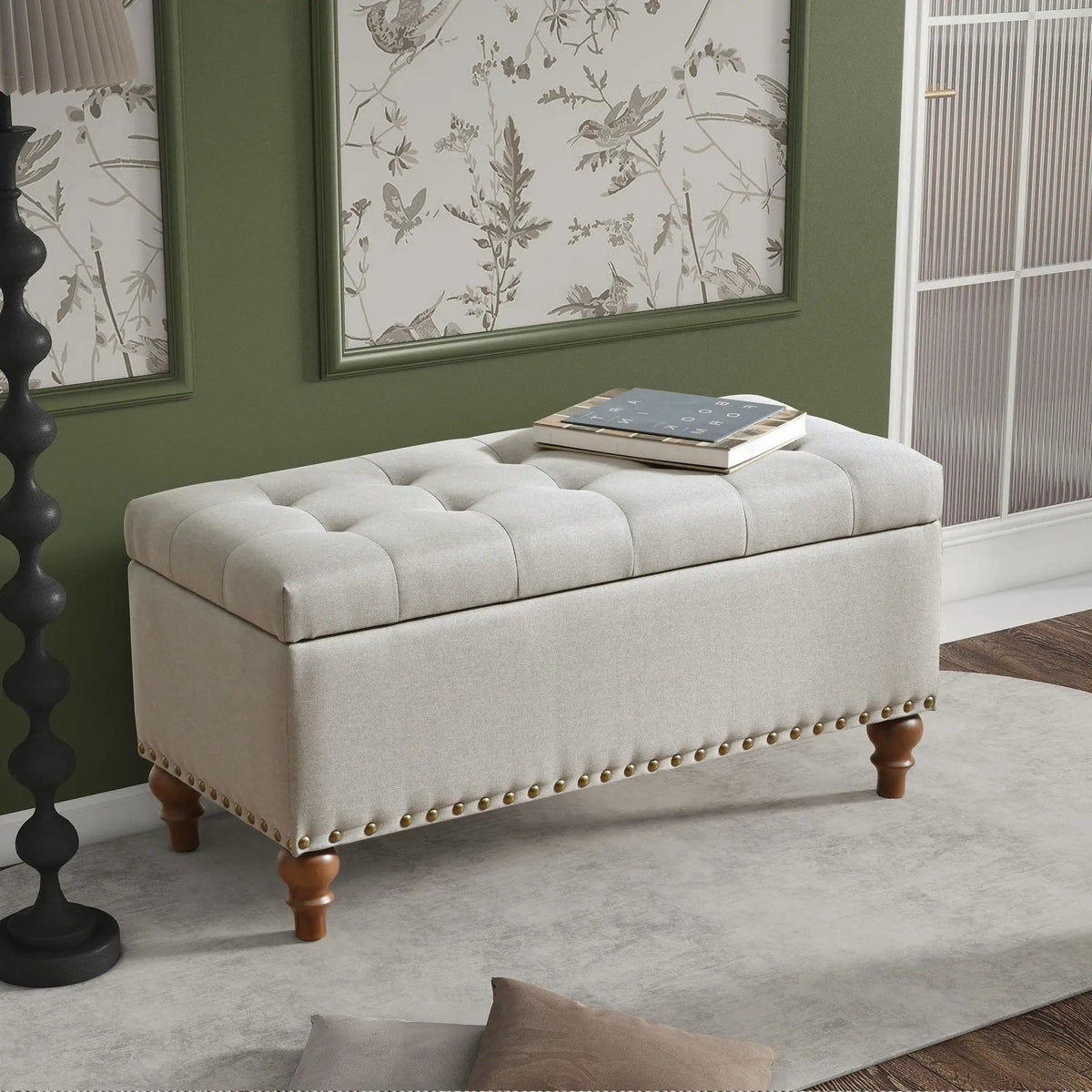 Upholstered Ottoman With Storage And Rivet Trim | 2 Pieces | Solid Wood | Living Room