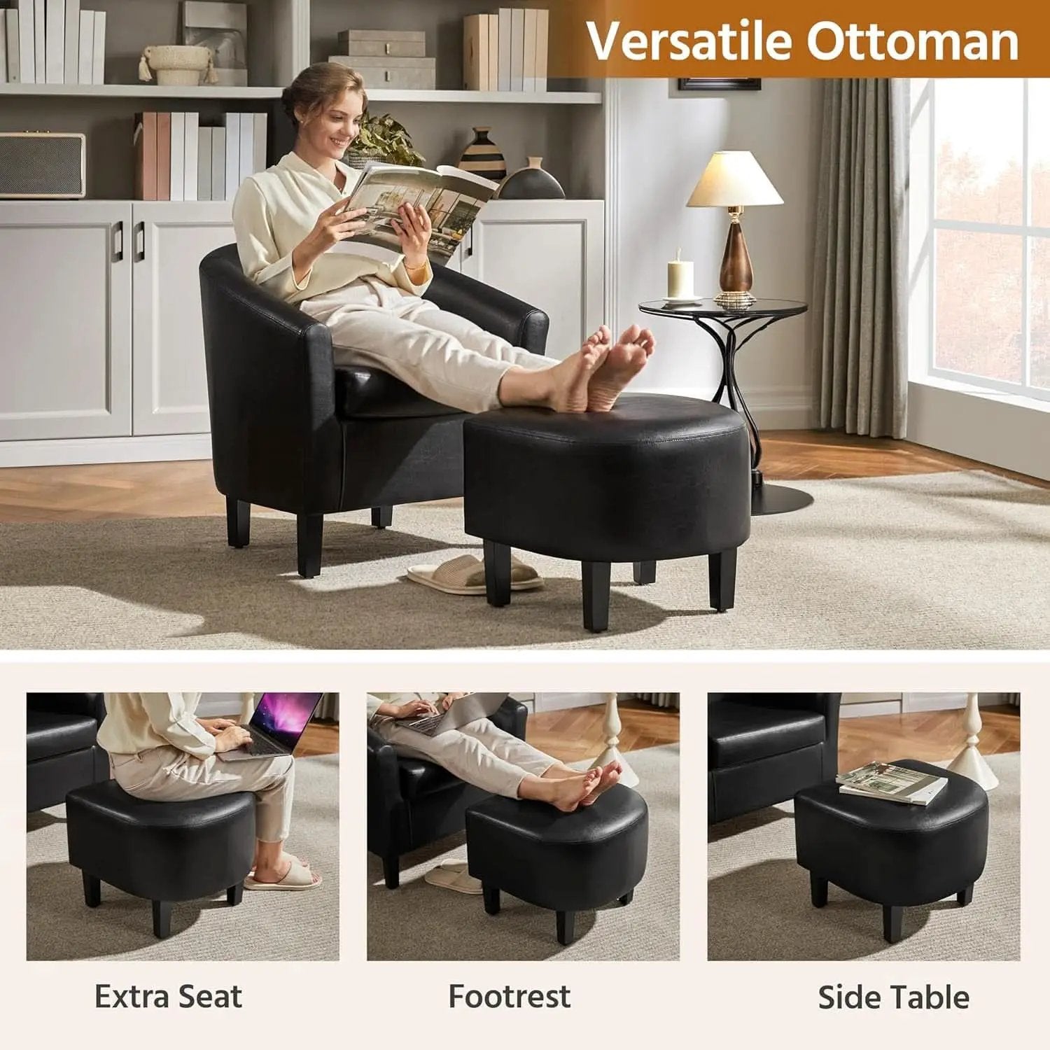 Modern Black Faux Leather Accent Chair With Ottoman Set from PriceLows™