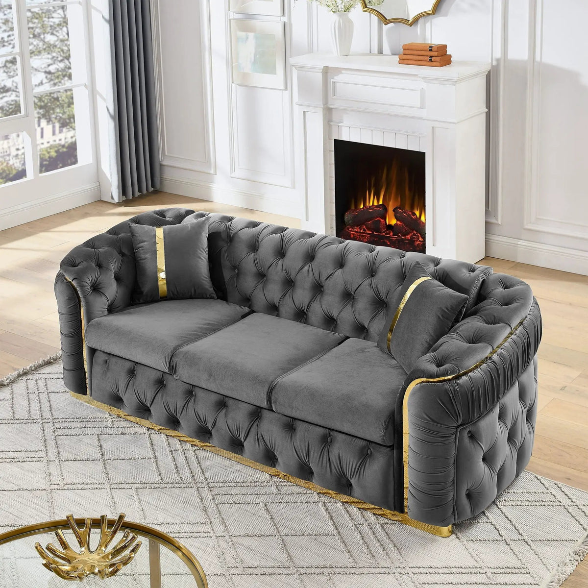 Button Tufted Chesterfield Sofa | 3 Seater | 2 Decorative Pillows | 90.6 Inch Length
