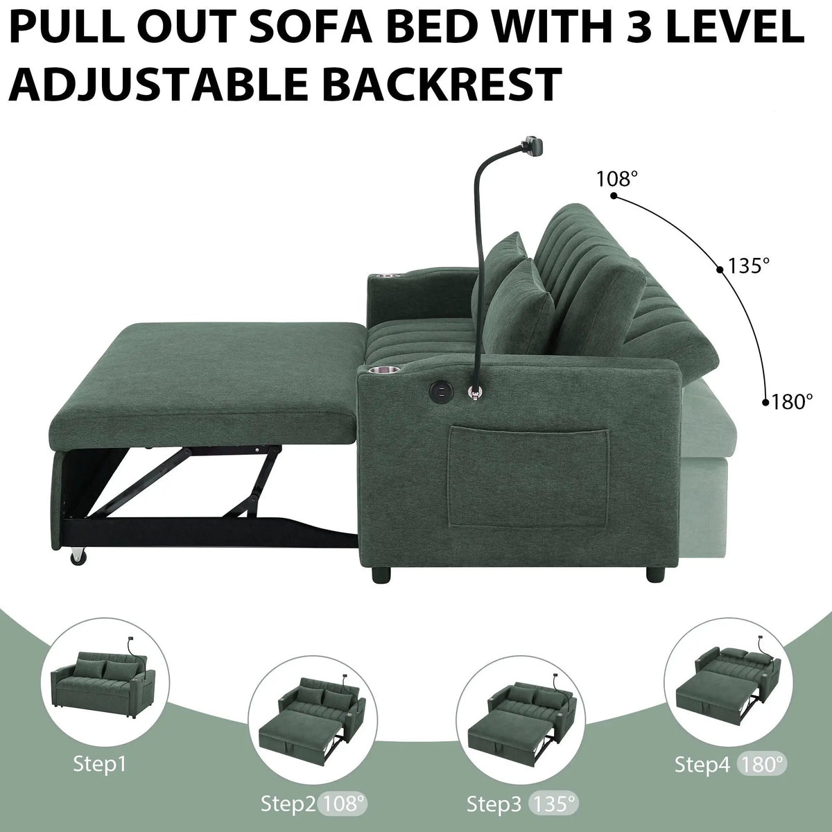 Convertible Sofa Bed | Adjustable Backrest | USB Charging Ports