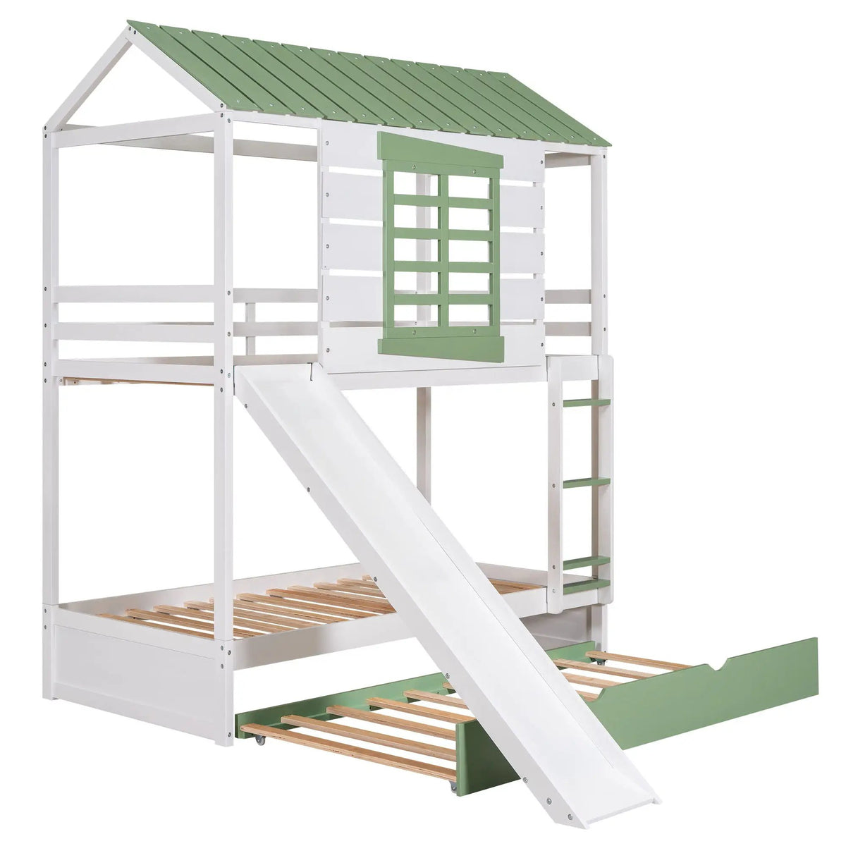 Twin House Bunk Bed | With Trundle | With Slide | White