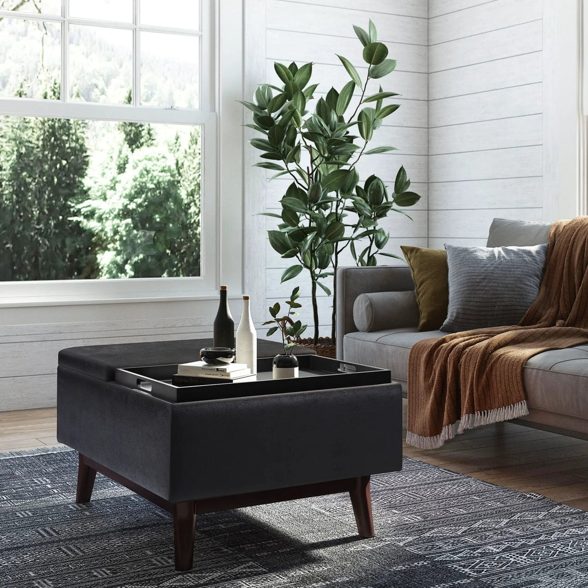 Owen Tray Top Coffee Table Ottoman | Upholstered Storage | Two Flip Over Serving Trays | Small Size