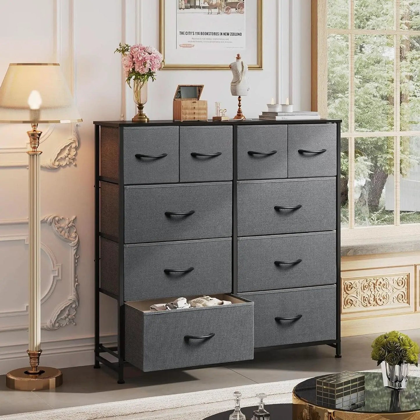 Dark Grey Fabric Dresser With 10 Drawers For Bedroom from PriceLows™