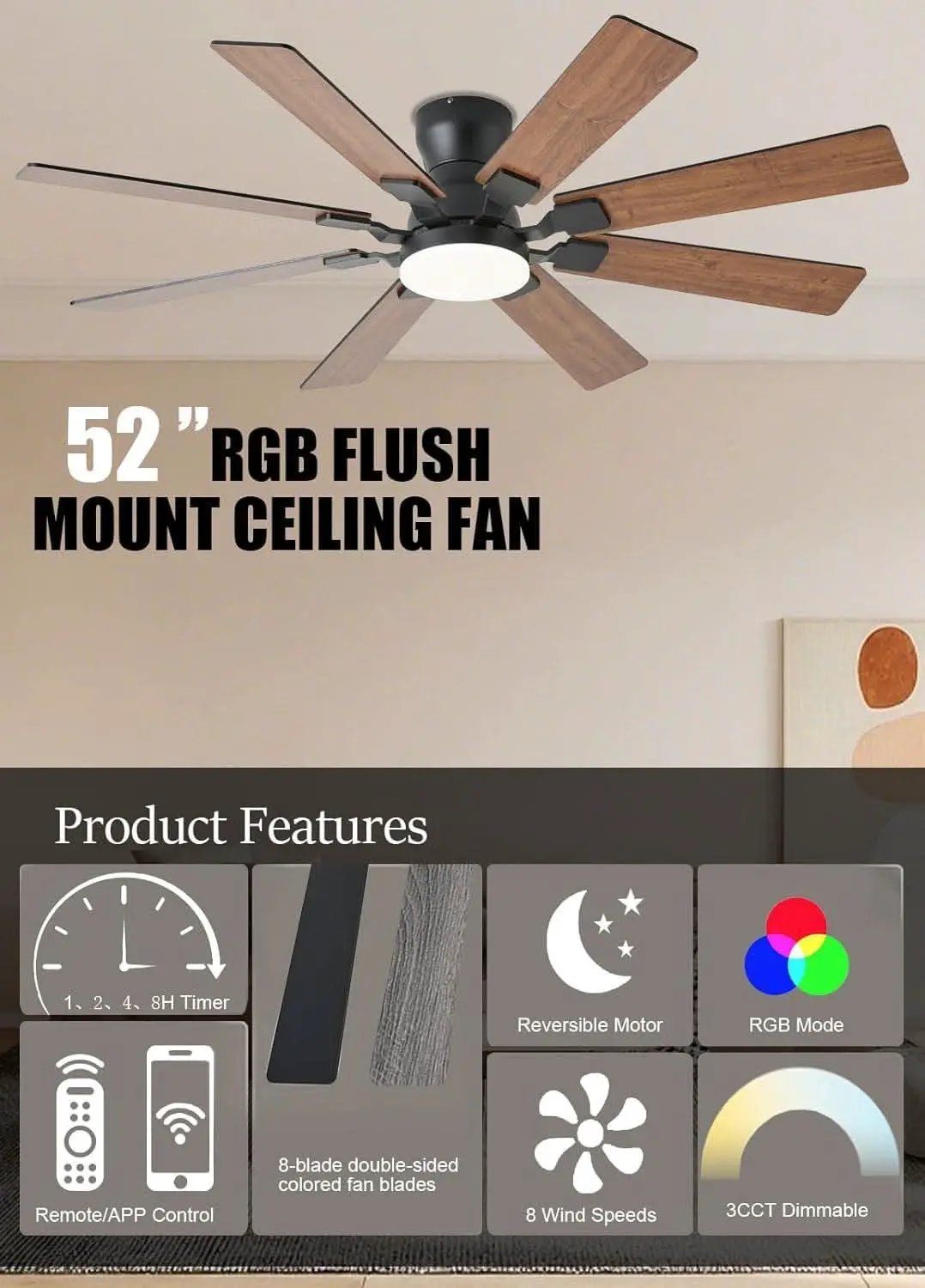 52 Inch Ceiling Fan With Light Remote App Control Brown from PriceLows™