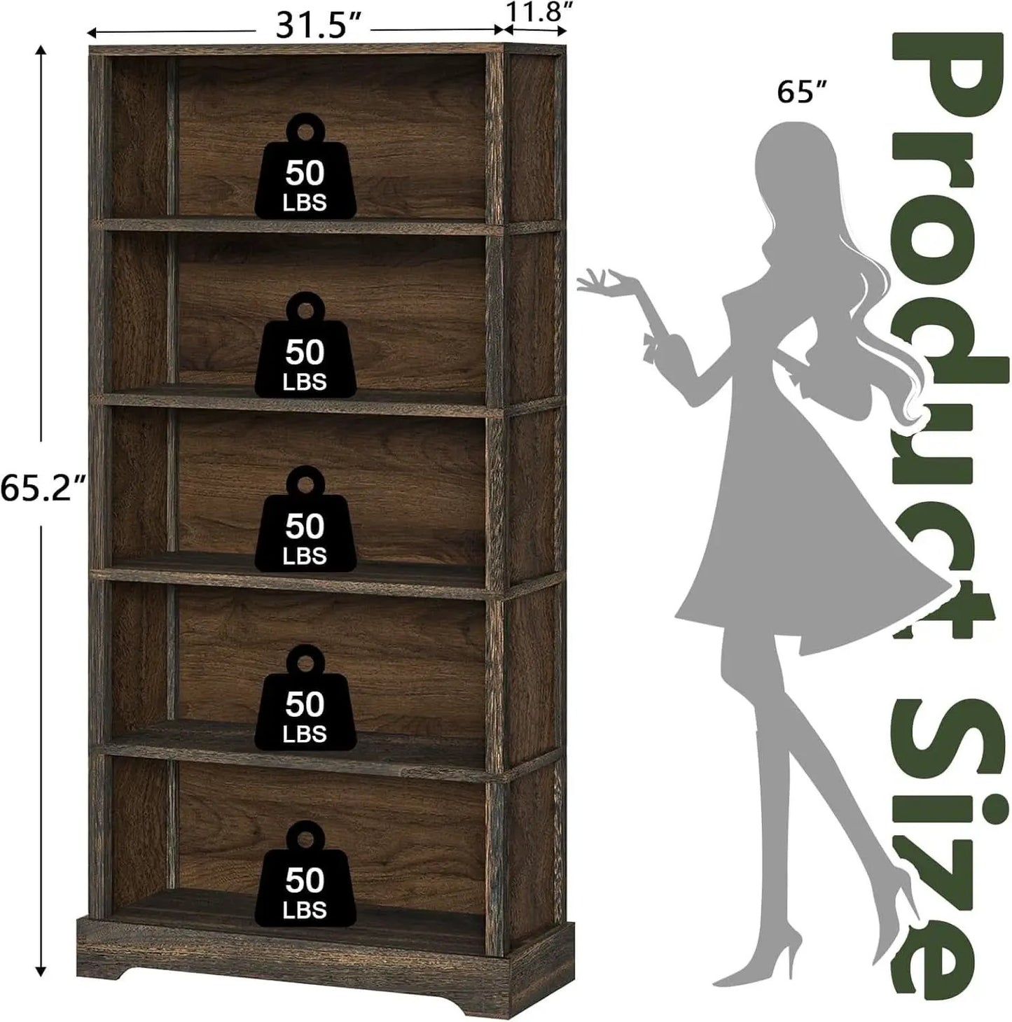 65 Inch Solid Hardwood Bookshelf With Five Tier Open from PriceLows™