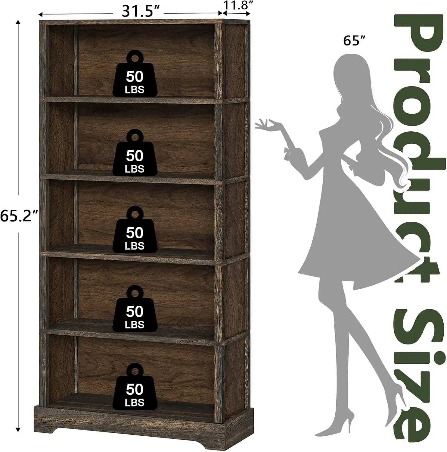 65 Inch Solid Hardwood Bookshelf With Five Tier Open from PriceLows™