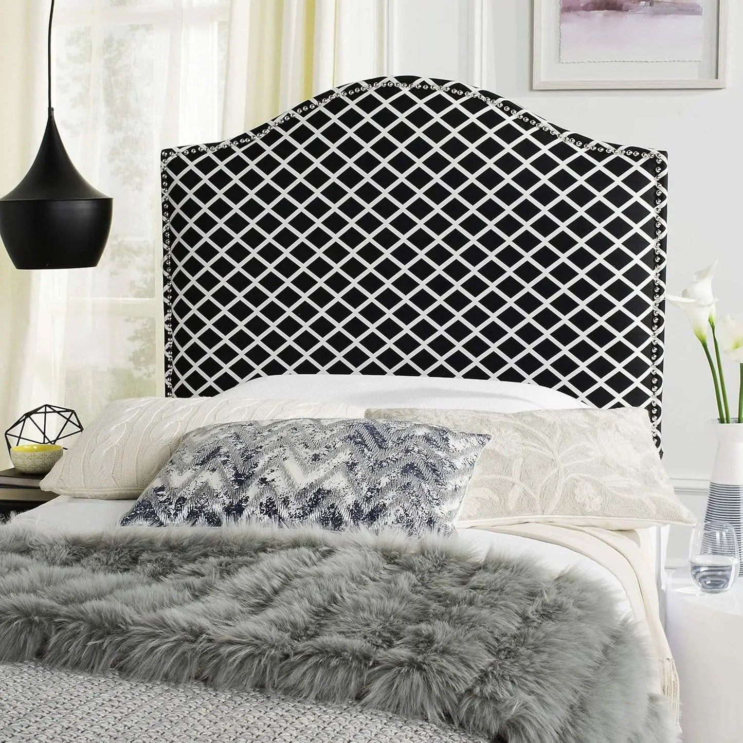 Stylish Black and White Lattice Headboard for Bedrooms from PriceLows™