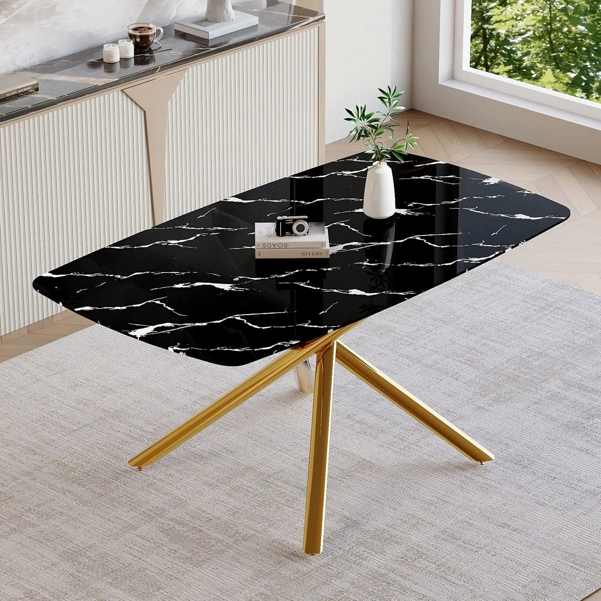 Luxurious Marble Patterned Dining Table With Metal Fork Legs | 63 x 35.4 x 30 in | Marble & Tempered Glass | Dining Room