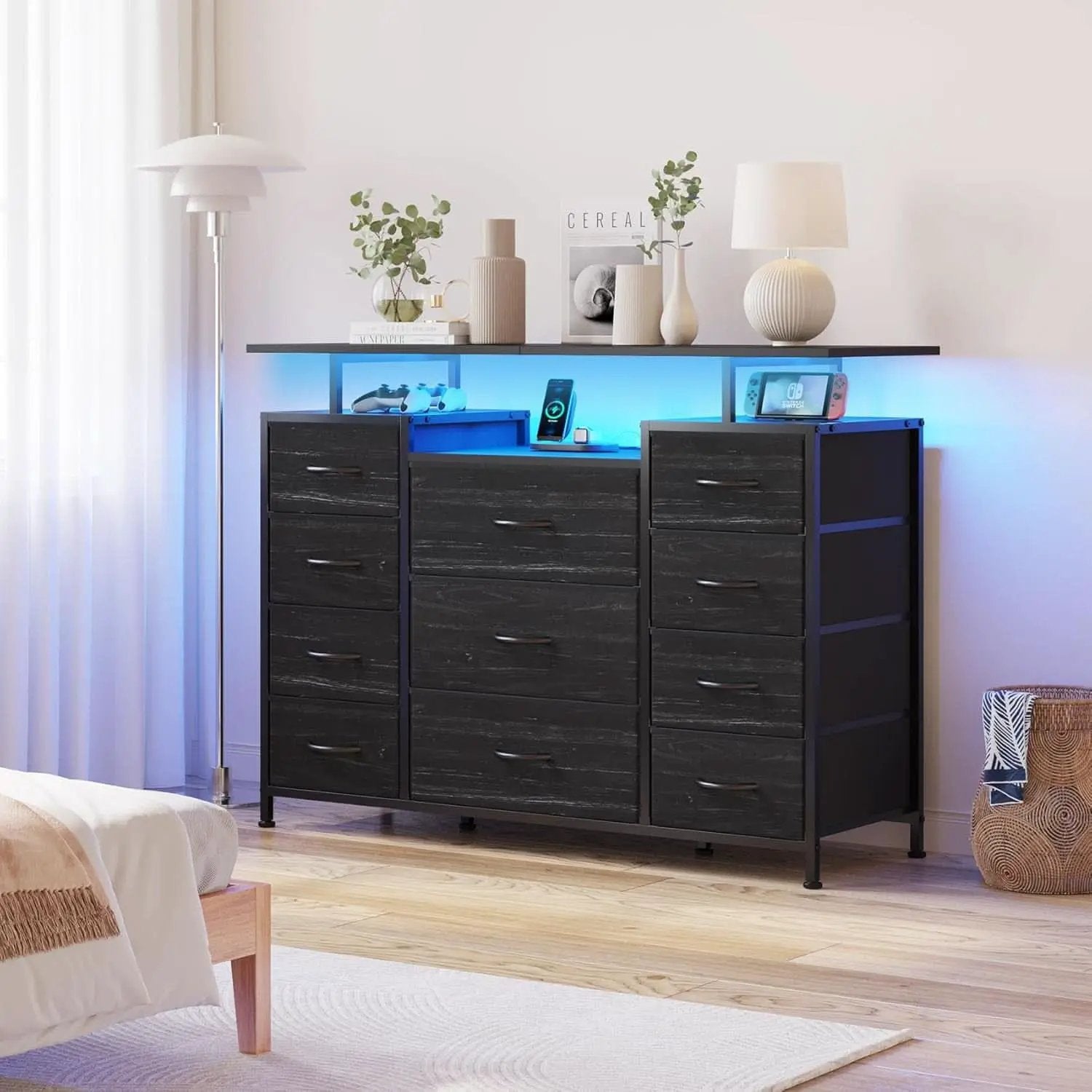 11 Drawer Dresser With Fabric Drawers, Charging Station, LED Lights And Shelves, Black Wood Veins from PriceLows™