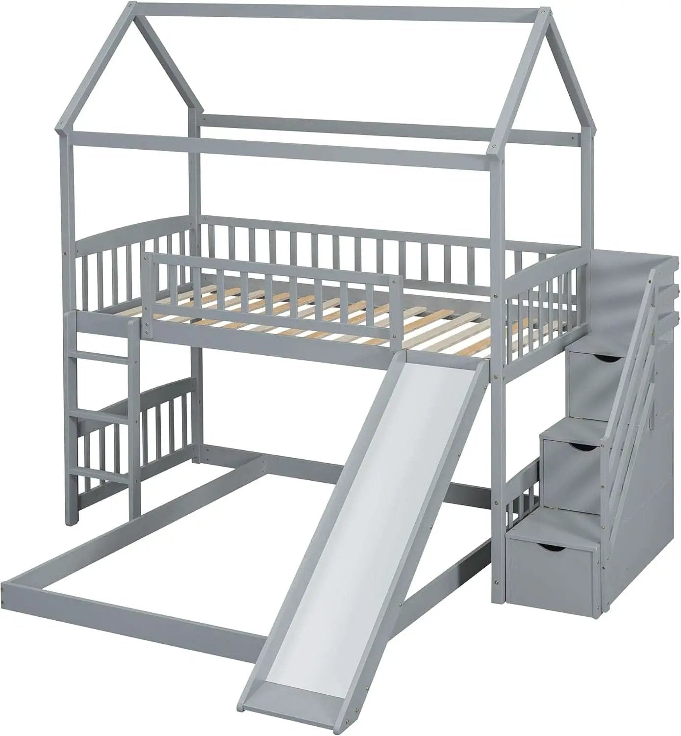 Gray Twin Loft Bunk Bed With Slide And Stairs Storage from PriceLows™