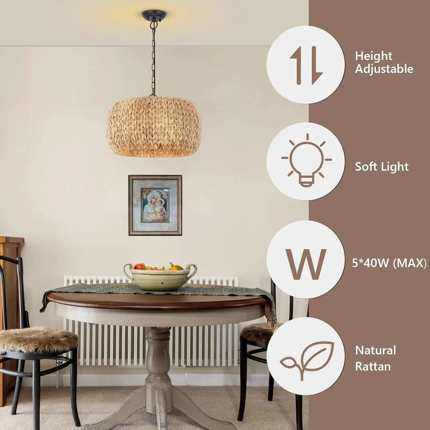 5 Light Farmhouse Rattan Chandelier Natural Water Hyacinth Shade from PriceLows™