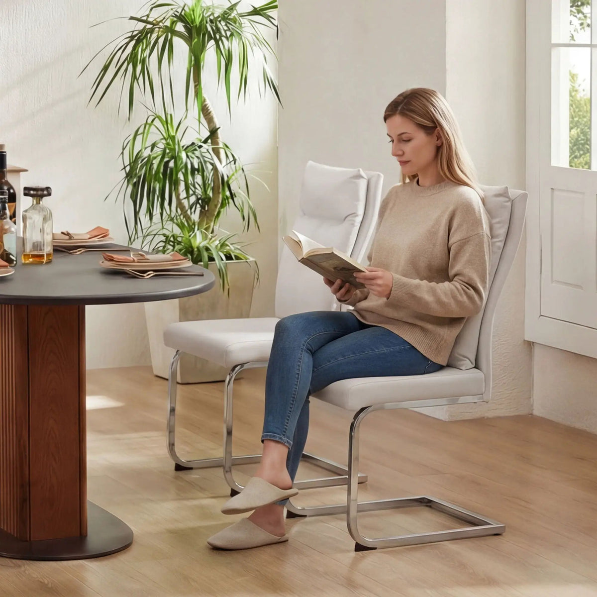 Modern Dining Chairs | Set Of 2 | Soft Cushion Backrest | C-Shaped Chrome Base