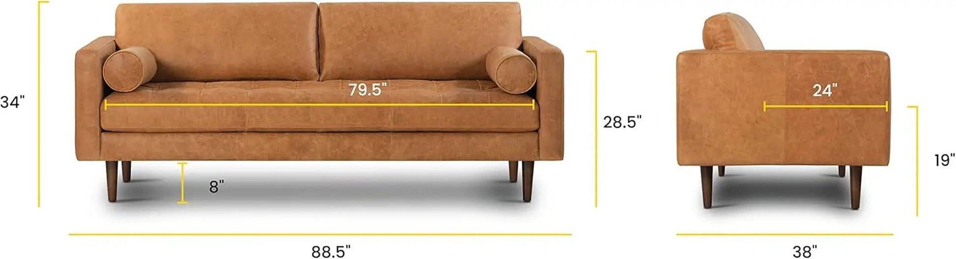 Cognac Tan Leather Mid Century Sofa With Bolsters In Stock from PriceLows™