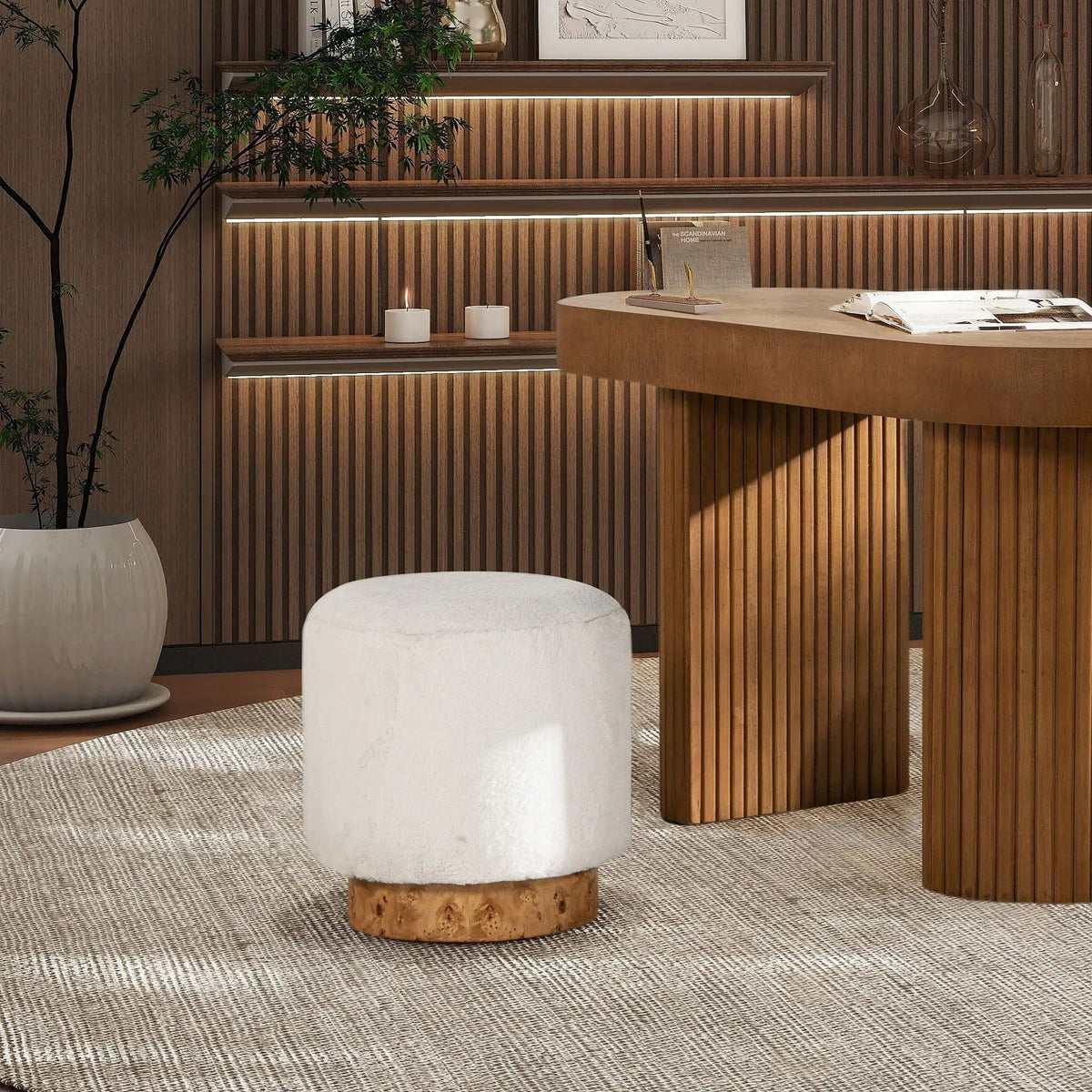 Tilly Round Fur Upholstered / Burl Pouf Ottoman | 16.5 x 16.5 x 17.5 in | Veneer & Wood | White
