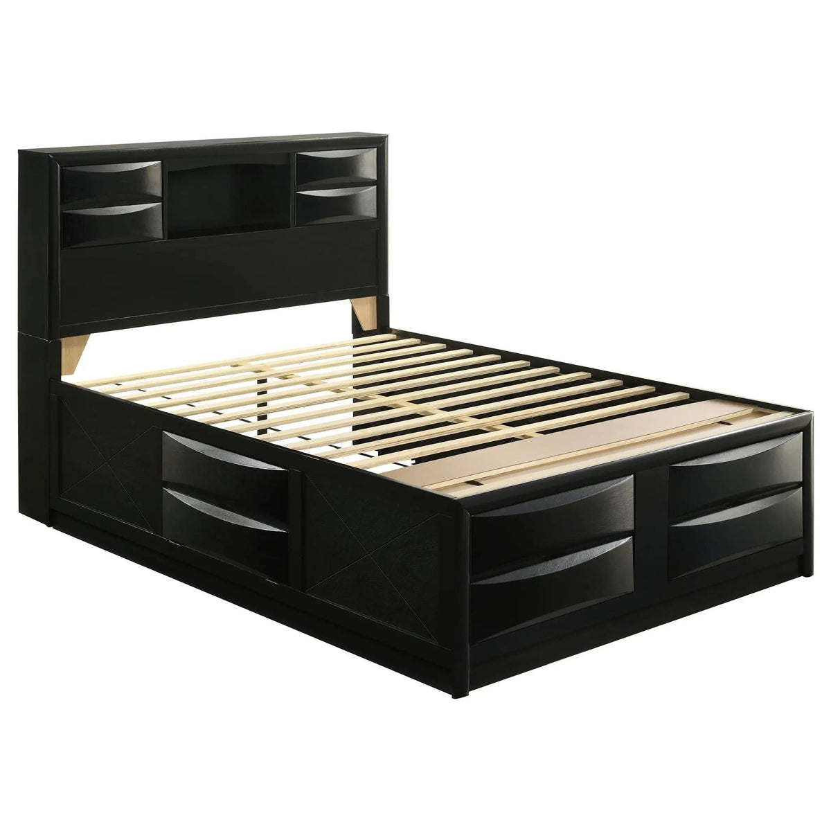 Briana Wood Queen Storage Bookcase Bed | 62.75 x 90.75 x 56 in | Rubberwood & Engineered Wood | Black